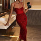 Pleated High Split Shiny Long Dress Sexy Sequined Party Dress